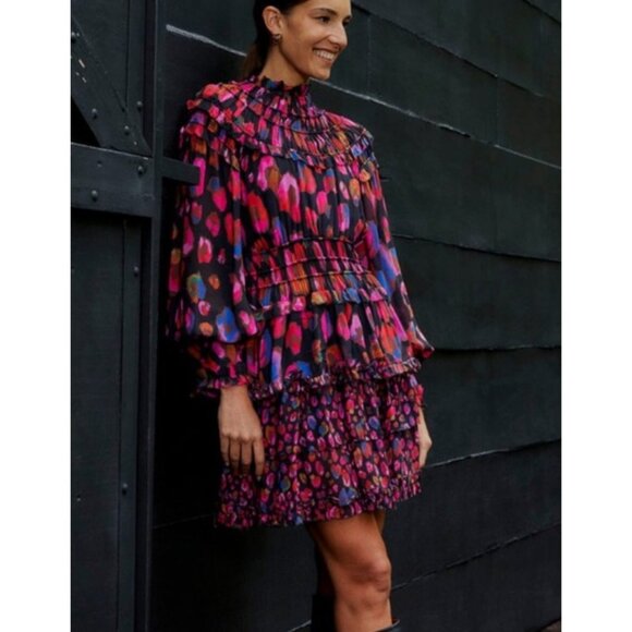 Anthropologie Farm Rio Iridescent Leopard Hot Pink Ruffle Mini Dress NWT XXS - Picture 1 of 7